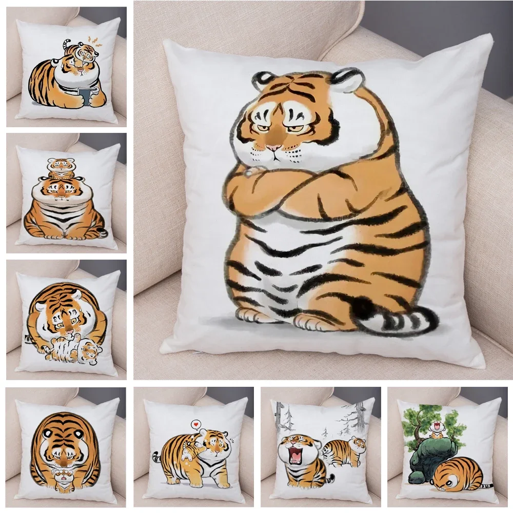 Chinese Ink Funny Fat Tiger Cushion Cover Decor Cute Cartoon Animal Soft Plush Pillow Case for Sofa Home Car Throw Pillowcase