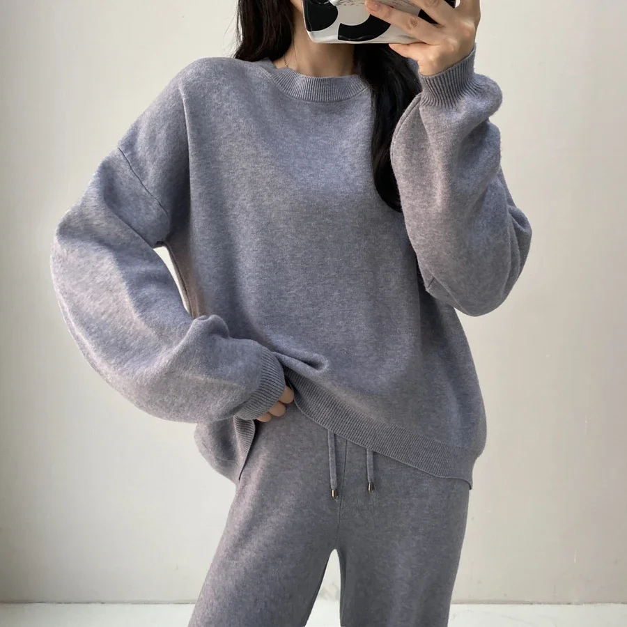 Women Winter Warm Knitted Tracksuits Korean Casual Long Sleeve Pullover Sweater+high Waist Wide Leg Long Pants Set For Women