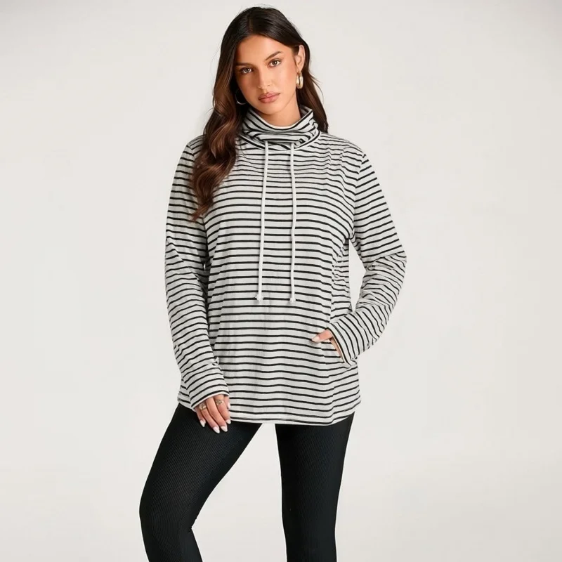 Women's plus Size Fashionable Casual Sweatshirt Black White Stripes High Neck Drawstring Long Sleeve Loose Design for Commuting