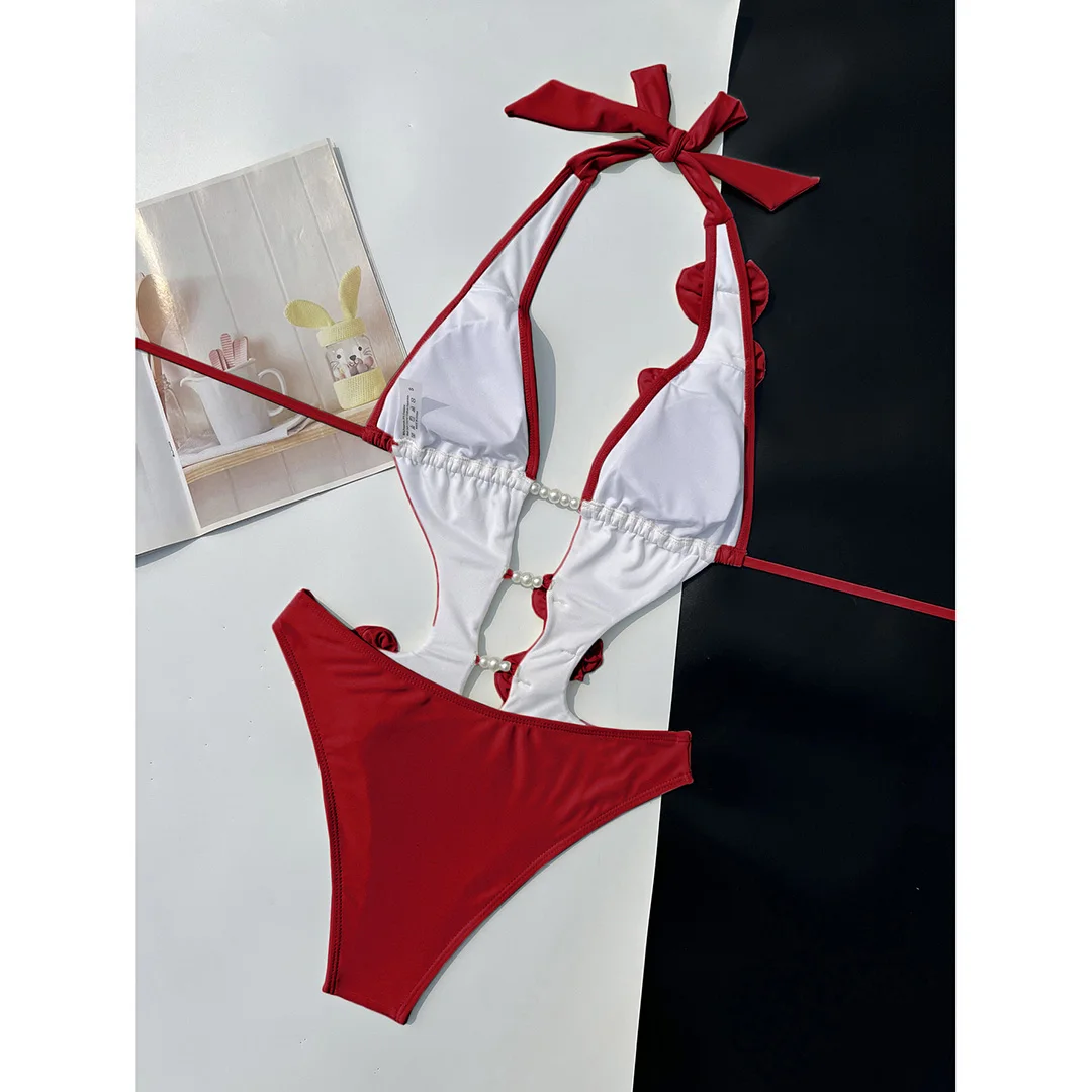 Rosa-rote Badeanzug-Bademode mit 3D-Blumenmuster, tiefem V-Ausschnitt, einteiliger Badeanzug für Damen, hoch geschnittene Beine, Monokini V6986P – Detail 3