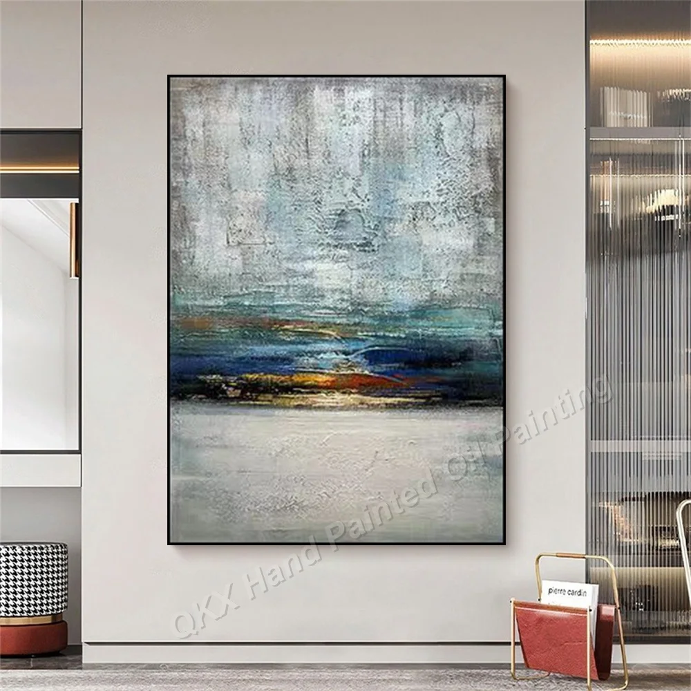 100% Hand-Painted Oil Painting on Canvas Wall Art Decor for Living Room, Impasto Blue Abstract Seascape Vertical Canvas Art