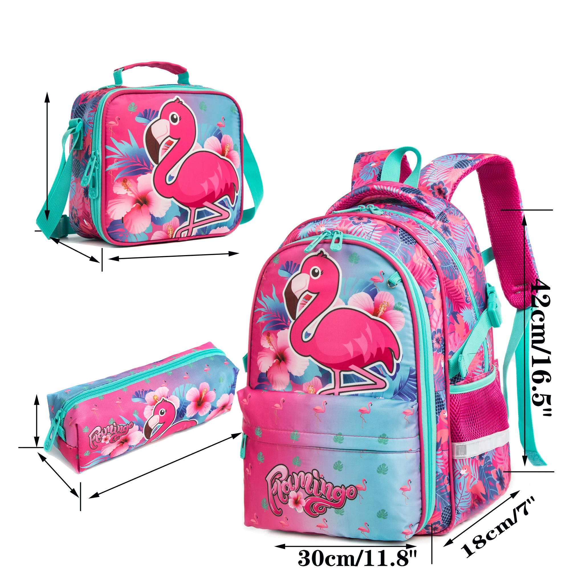 Sac à dos ouvert sur le côté flamant rose pour filles, sac à lunch, sac à stylo, sac à dos pour élève, adolescent