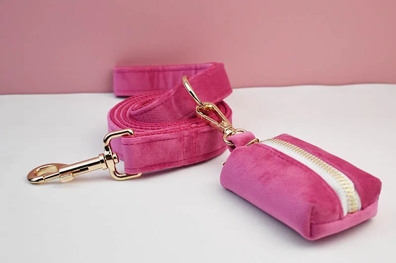 Rosarotes Samt-Hundehalsband und Leinen-Set für Hunde, individuell graviertes Namensschild, Heimtierbedarf, Hundeleine, Velvet23 – Detail 6