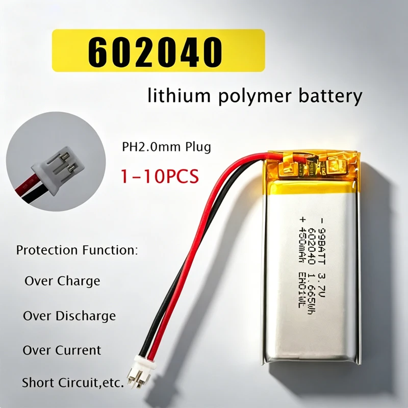 602040 3.7v 450mAh Lithium Polymer Li-ion Rechargeable Battery for GPS MP3 MP4 MP5 Car Tachograph Headphone Bluetooth Speaker