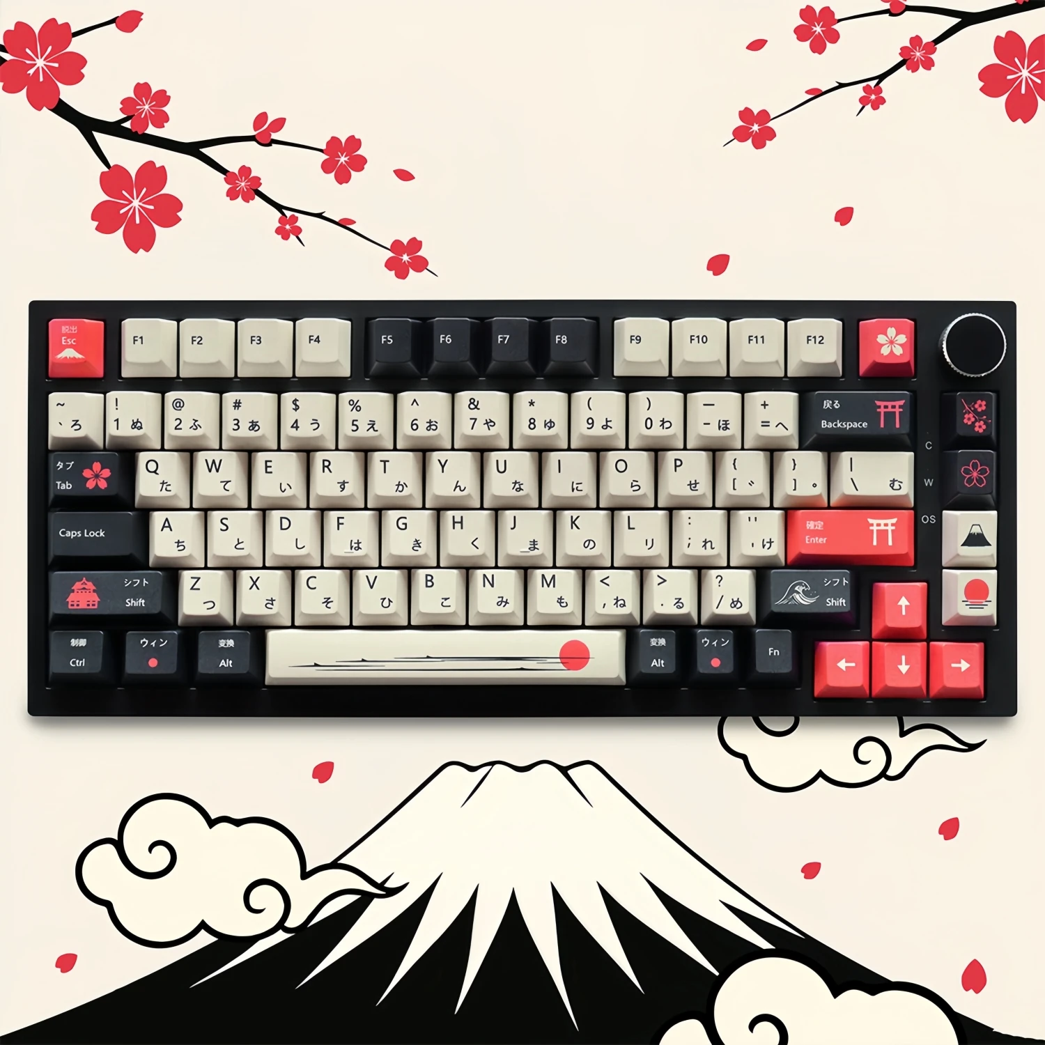 For Mount Fuji Sakura Themed Keycaps 129 keys PBT Dye Sub Japanese Kanji Keycap for MX Switch Mechanical Keyboard Replace