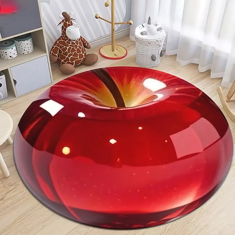 Vivid Shiny Red Apple Circular Area Rug 2D Optical Illusion Fruit Round Mat Fun Creative Decor Rug for Children Indoor Space