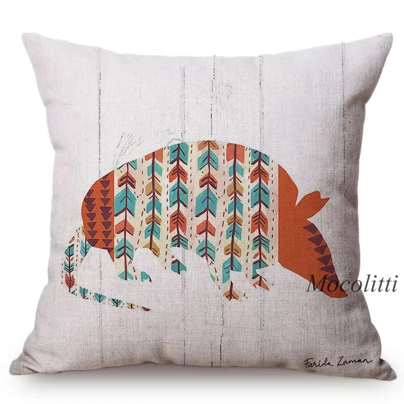 Hand Painted Animal Sofa Decoration Throw Pillow Case Colorful Africa Ethnic Design Cow Wolf Horse Eagle Square Cushion Cover