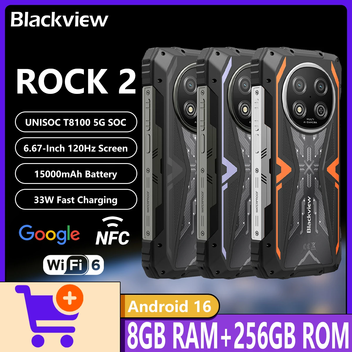 �y�Z�[�����z2025�N�V�^ Blackview ROCK 2 AI�^�t�l�X�X�}�z UNISOC T8100 5G 8GB+256GB 16MP�J���� 6.67�C���` 120Hz 15000mAh 33W Android 16 �g�ѓd�b