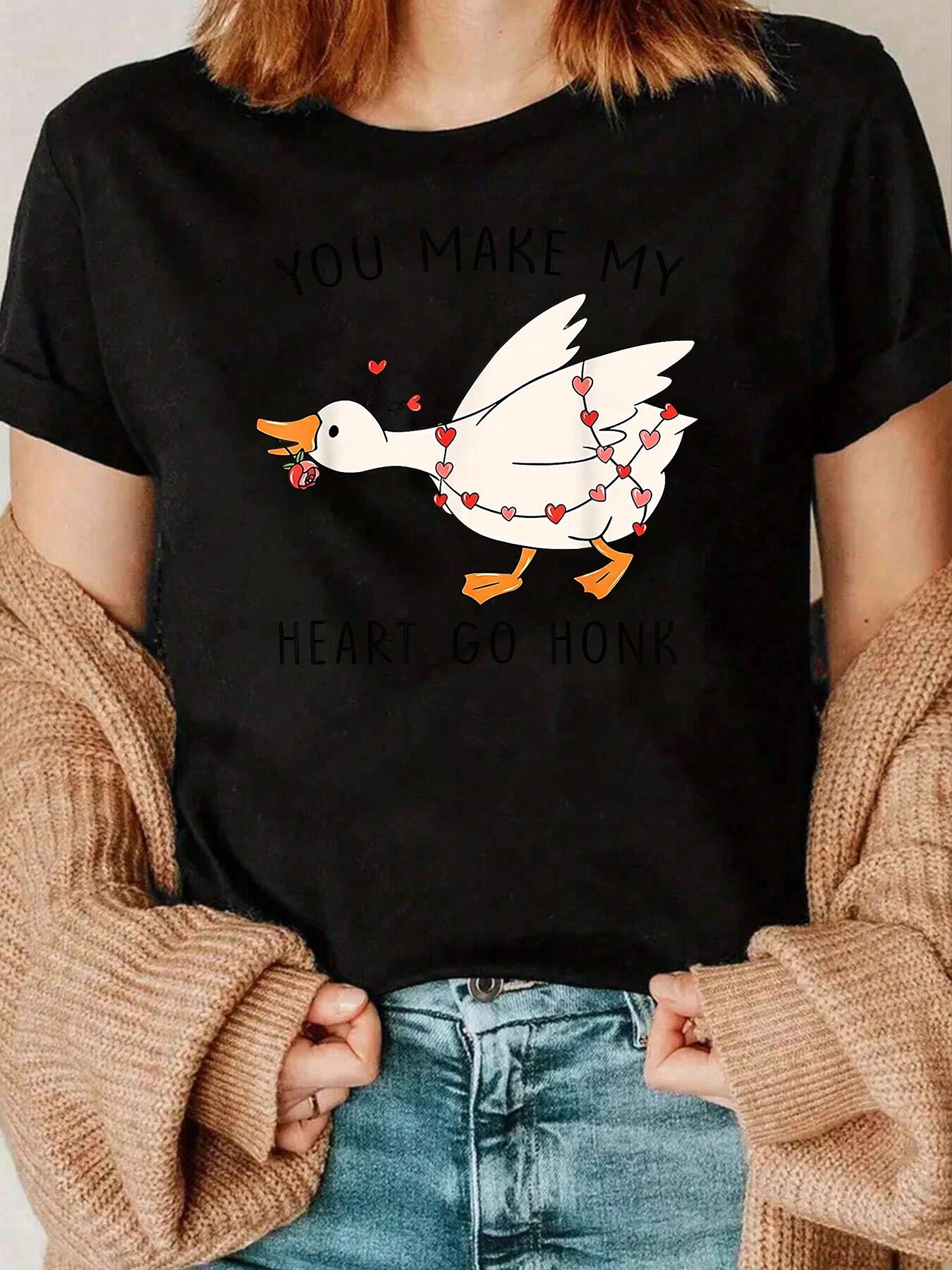 Duck Heart Go Honk Print Valentijn T-shirt Vrijetijdskleding Dames 220g