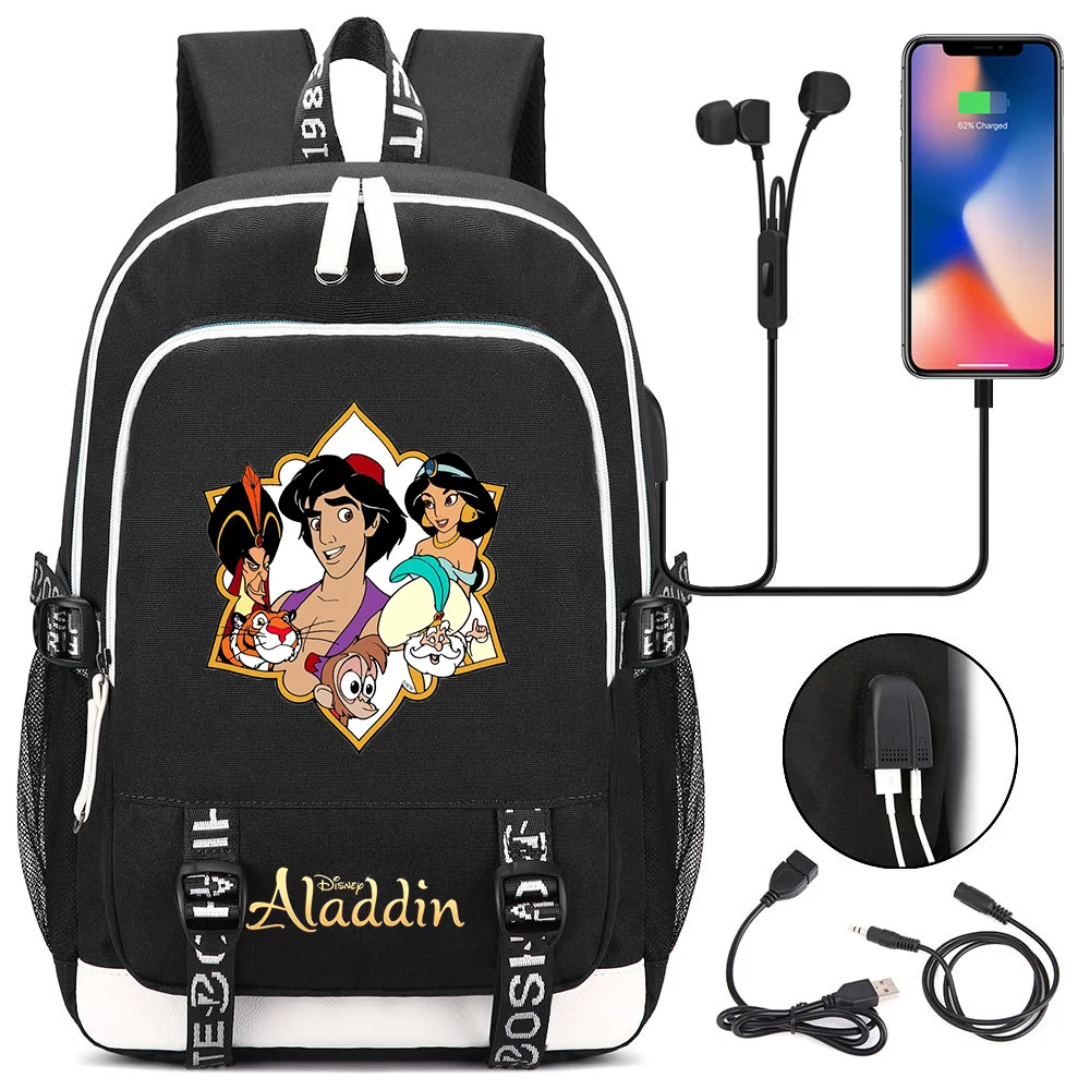 New Disney Aladdin School Backpack Teenager USB Charging Laptop Backpack Cartoon Boys Girls Student Book Bag Travel Bag Mochila