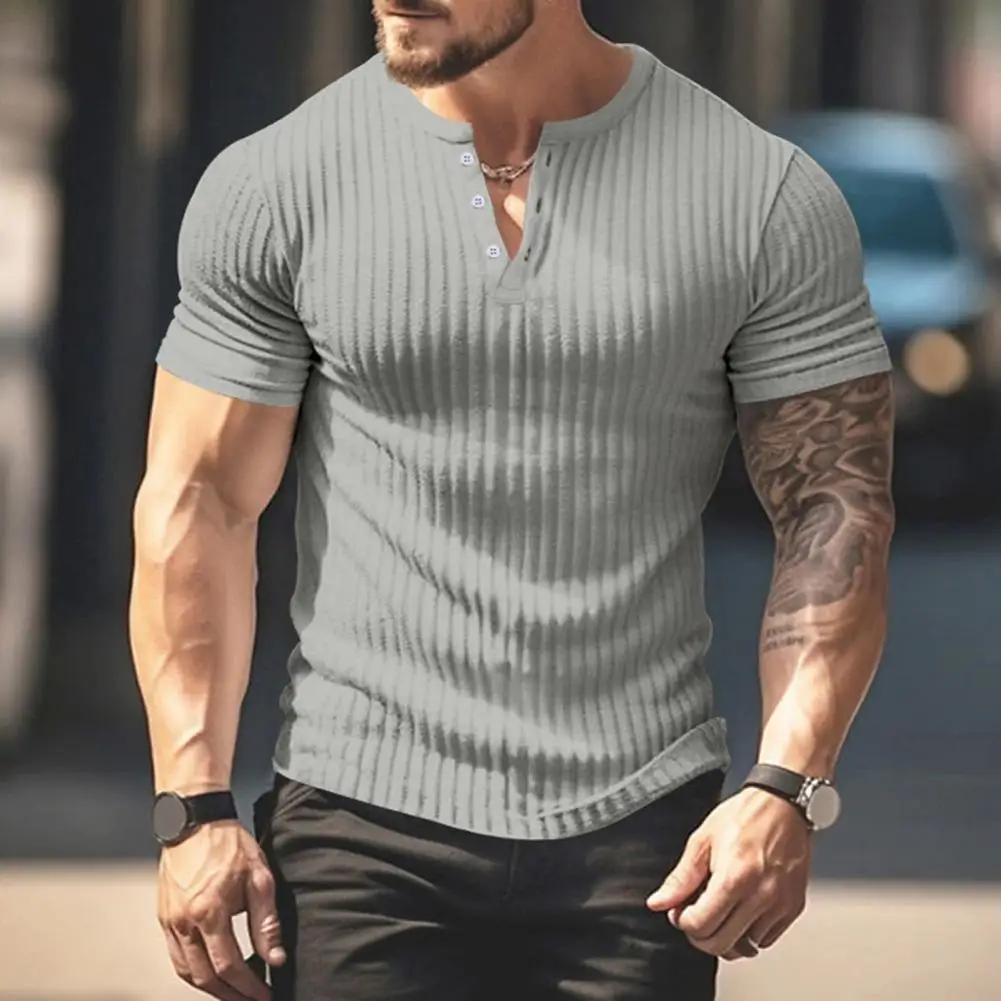 

Men V-neck T-shirt Men's Slim Fit V Neck T-shirt Summer Sport Top with Buttoned Pullover Design Stretchy Breathable for Fitness