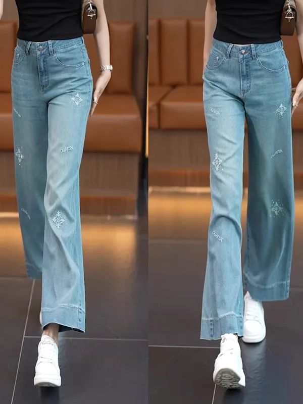 High Waist Straight Leg Jeans Women's Spring Autumn Loose Slimming Draping Small Size Embroidery Narrow Version Nine Point Wi...