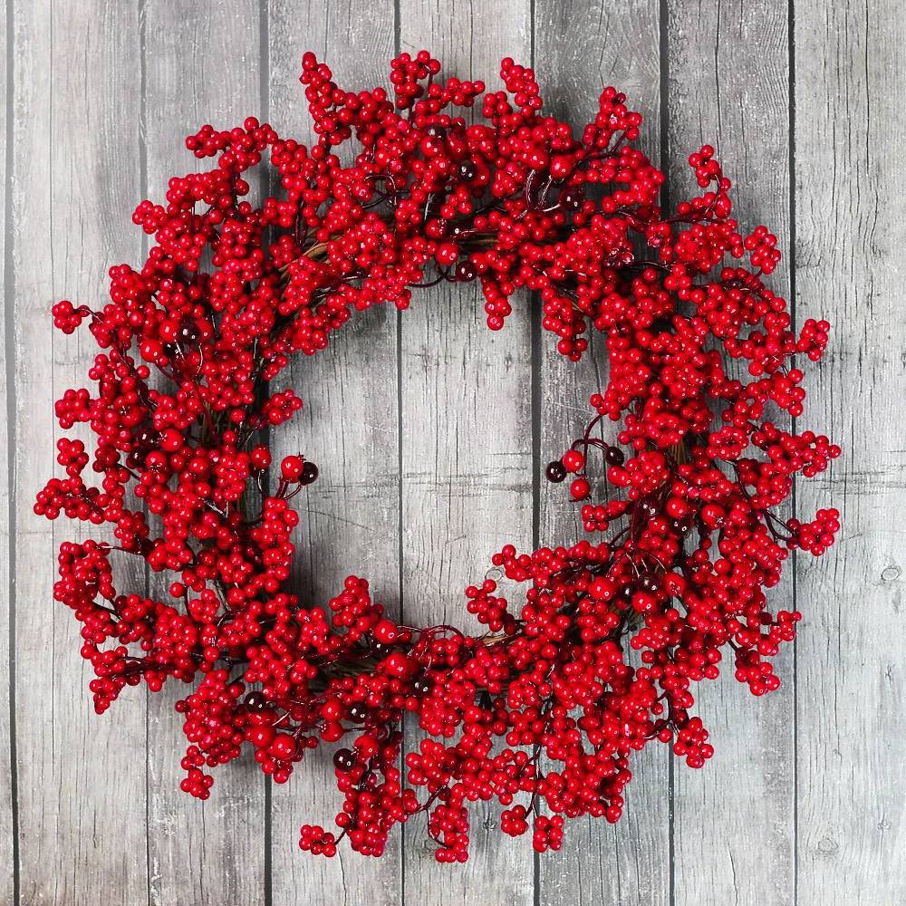 Red Christmas Berries Wreath Artificial Flowers Stamen Holly Berry Christmas Wreath Decoration For Home New Year Gifts Decor