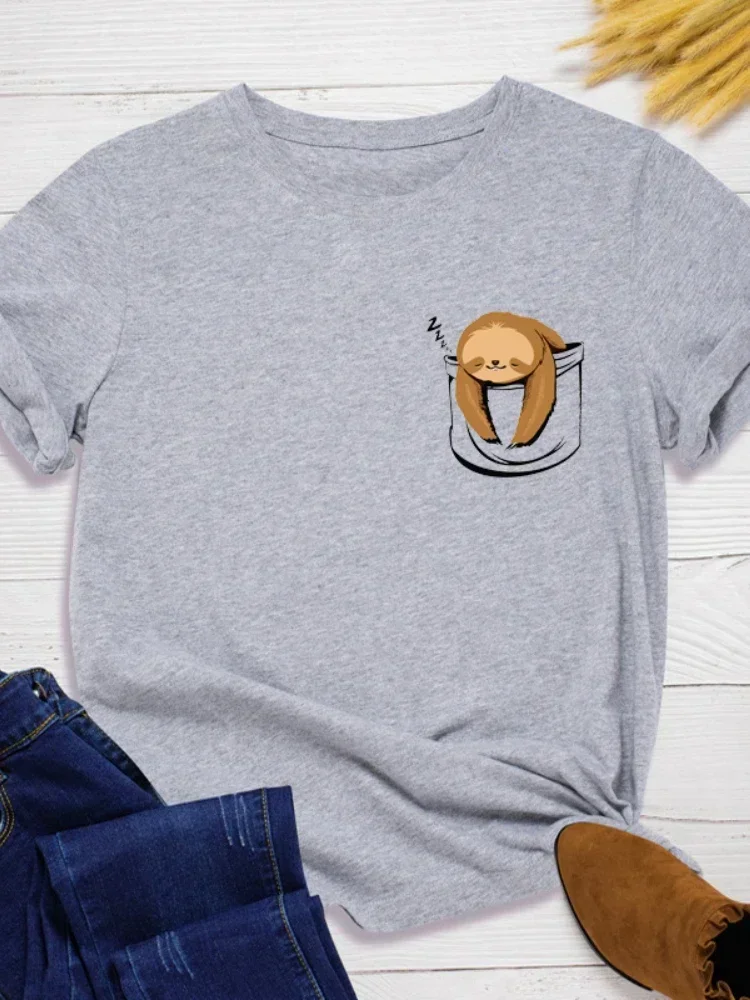 Women Cute Sloth Print Women Tshirt Ladies Tee Shirt Clothes Camisetas Mujer Pocket  Print Women T Shirt Short SleeveO Neck Tops