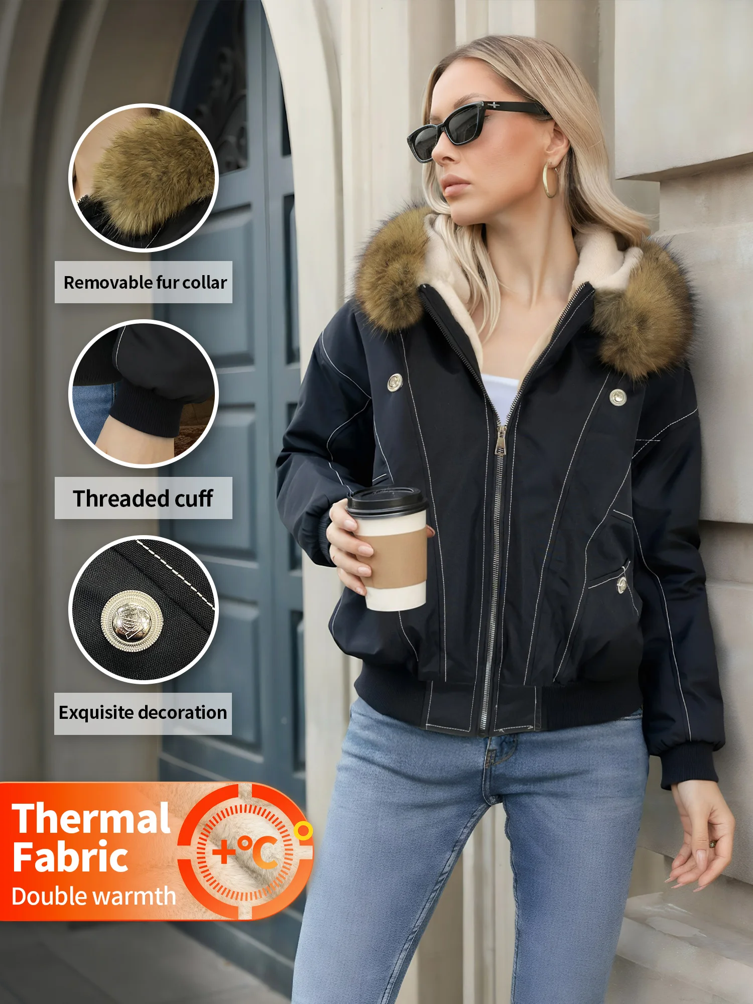 

Women's Autumn/Winter Chic Quilted Coat Casual Plain Zipper Long Sleeve Fur-Collared Hooded Jacket