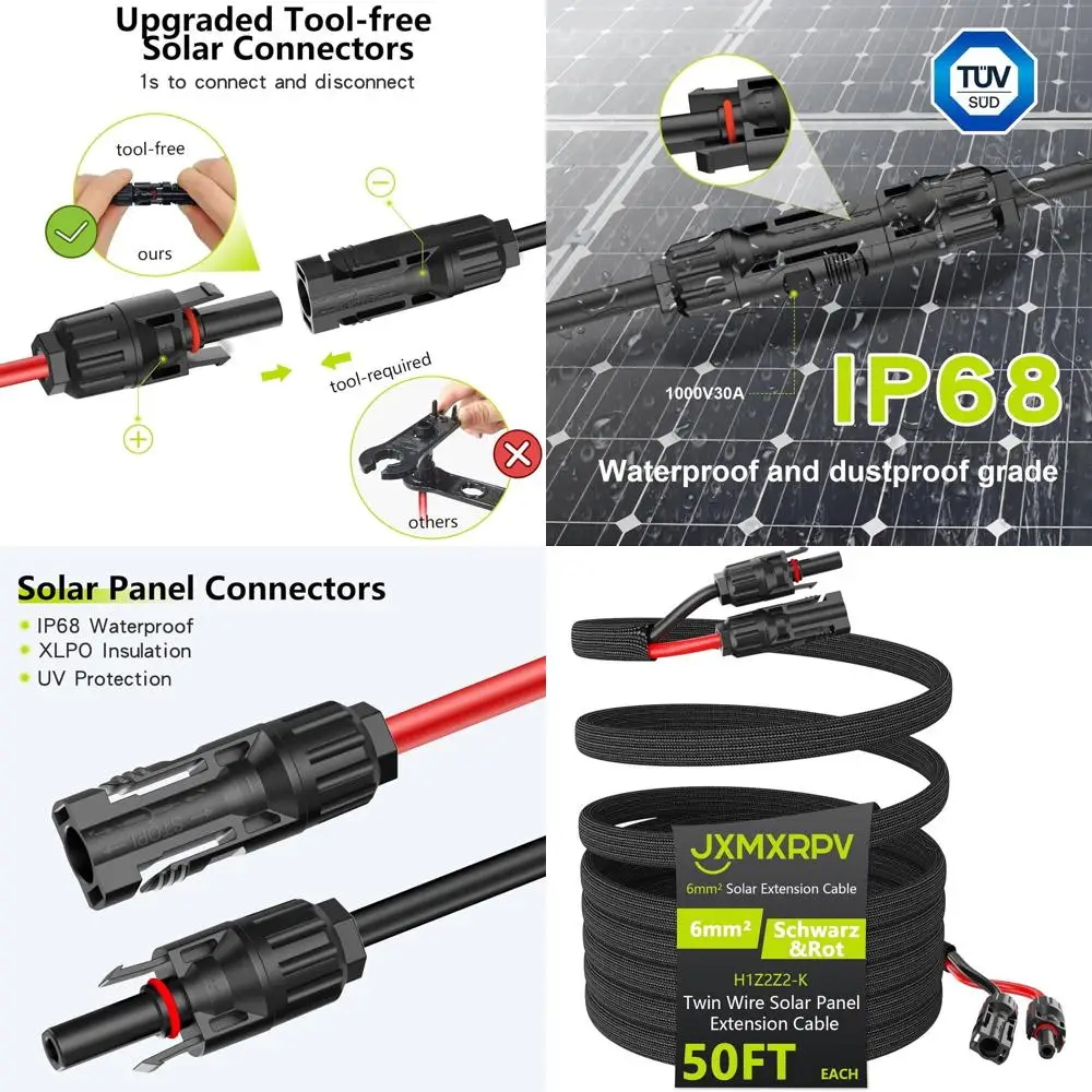 50Ft 10AWG Solar Cable Extension with Protection Cover, Solar Wire with Tool-Free Solar Connectors, IP68 Waterproof PV Cable, So
