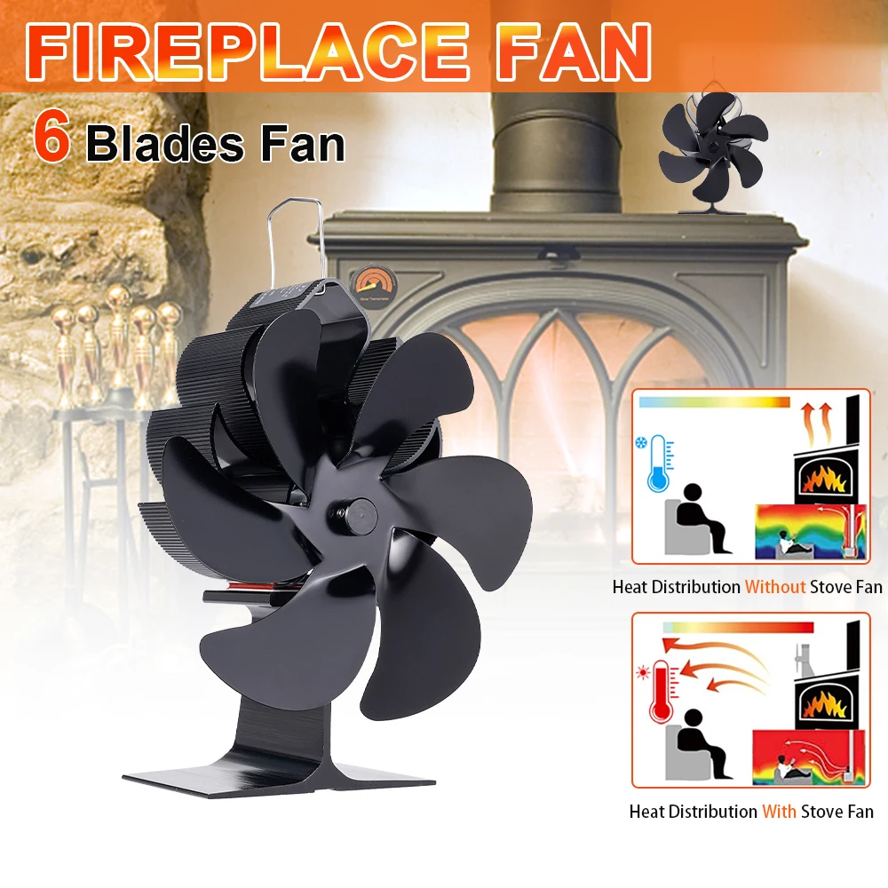 Heat Powered Stove Fan Eco Quiet Black 6 Blades Log Wood Burner Fireplace Fan Winter Warmer Home Efficient Heat Distribution