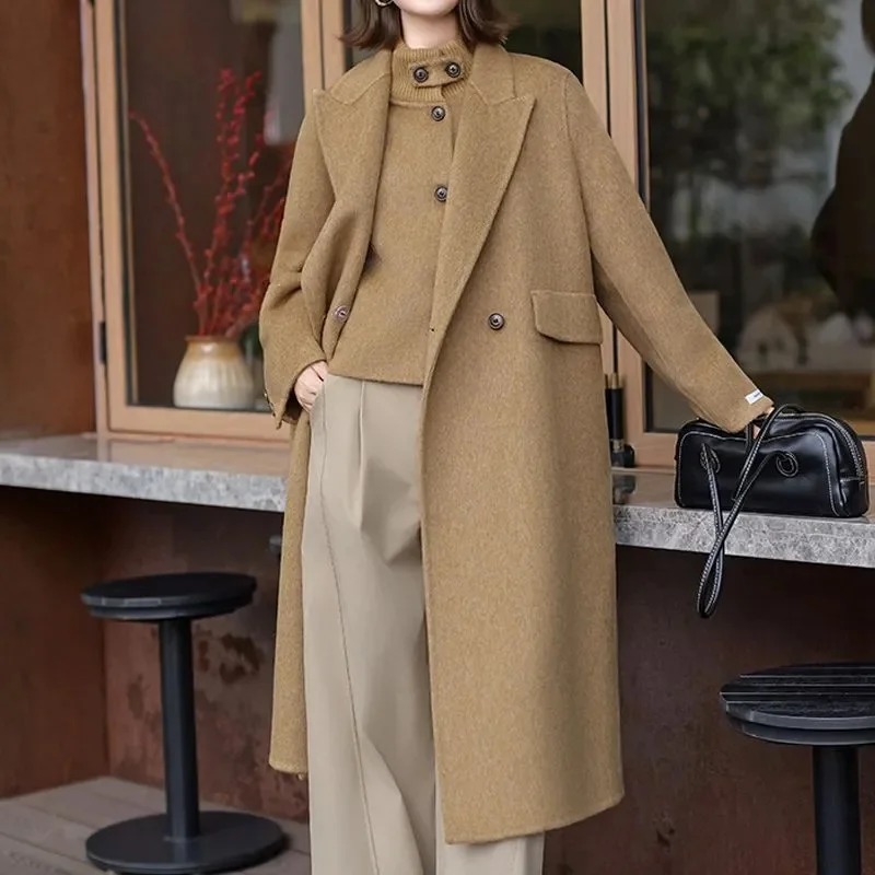 

Офисные женские шерстяные куртки с подплечниками, осень-зима 202, двубортные элегантные свободные длинные женские пальто из 100% шерсти