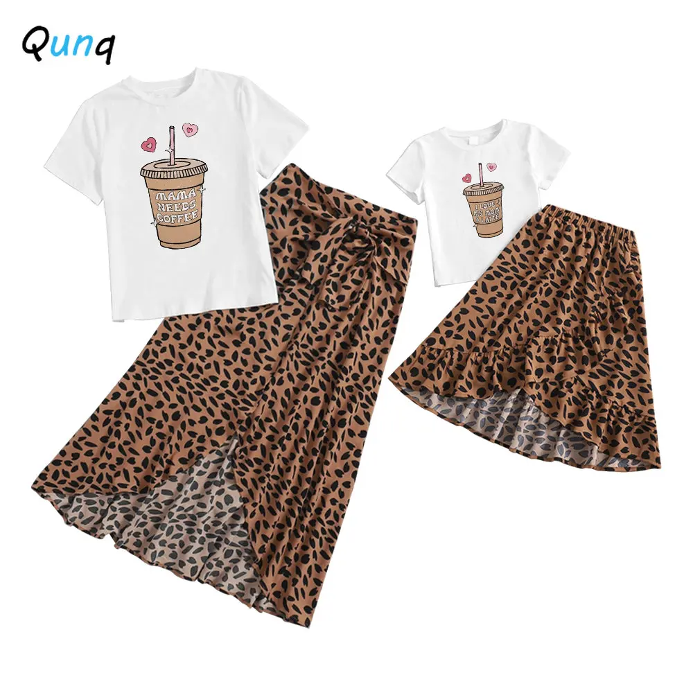 Qunq Summer New Parent-Child Outfit Print Short Sleeve Top + Peplum Slit Leopard Print Skirt Mommy And Daughter Matching Clothes