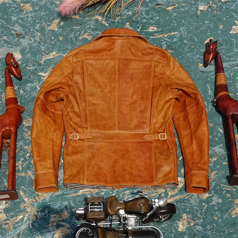 New Trendy & Best-Selling Genuine Leather Jacket for Men Amber Uncoated Top-Grain Japanese Horsehide Natural Whip Marks PLUS 5XL