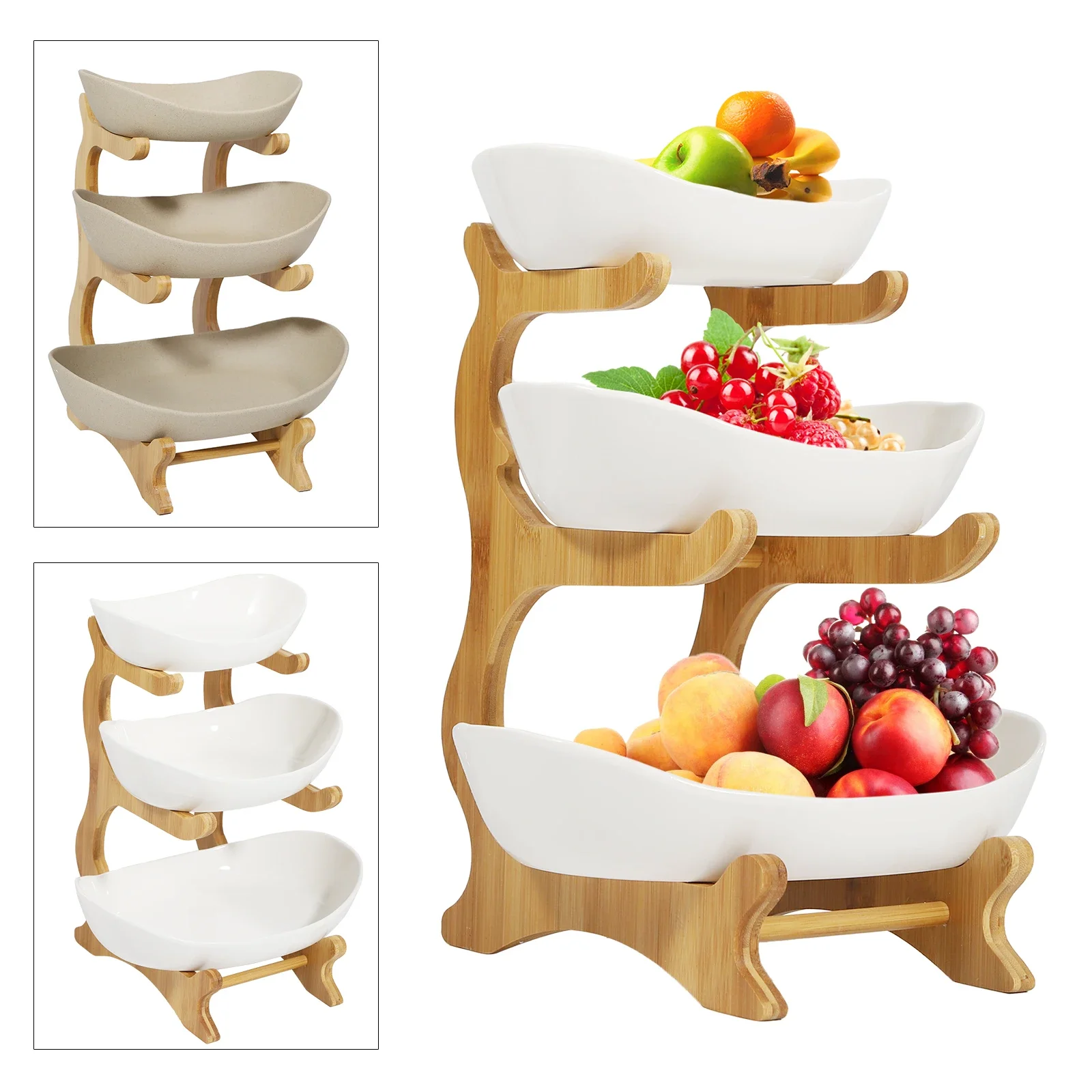 

3 Layer Multi-layer Ceramic Fruit Plate Bamboo Wooden Frame Household Sushi Plate Basket Bowl Holder snack tray special plates