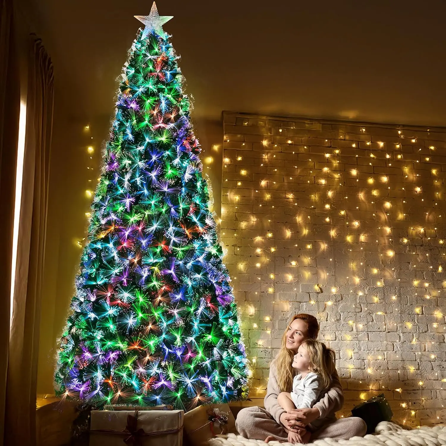 6-8-9-10ft Fiber Optic Christmas Tree, Pre-Lit Artificial Xmas Tree with Multicolor Changing Light, Top Star,Foldable Metal Base