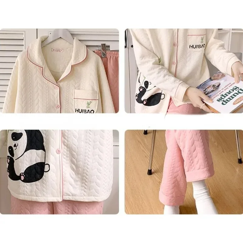 2024 New Sleepwear Women's Autumn Winter Air Cotton Interlayer Sleepwear Warm V-neck Loose Homewear Student Loungewear Set