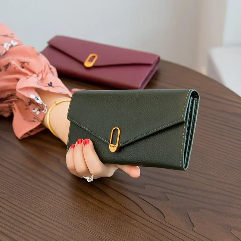 Women Long Genuine Cow Leather Wallets Thin Soft Real Leather Cellphone Card Holder Solid Money Clip Purse 8Z