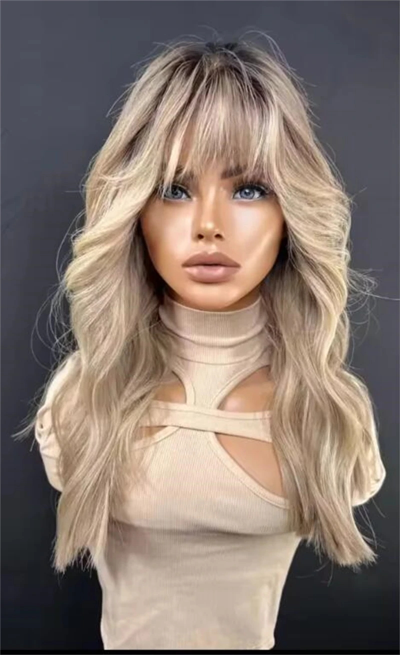 Human Hair Wig with Bangs Lace Front Wigs Glueless Ombre Warm Honey Blonde Lace Part Wig on Sale 100% Raw Brazilian Hair Qearl