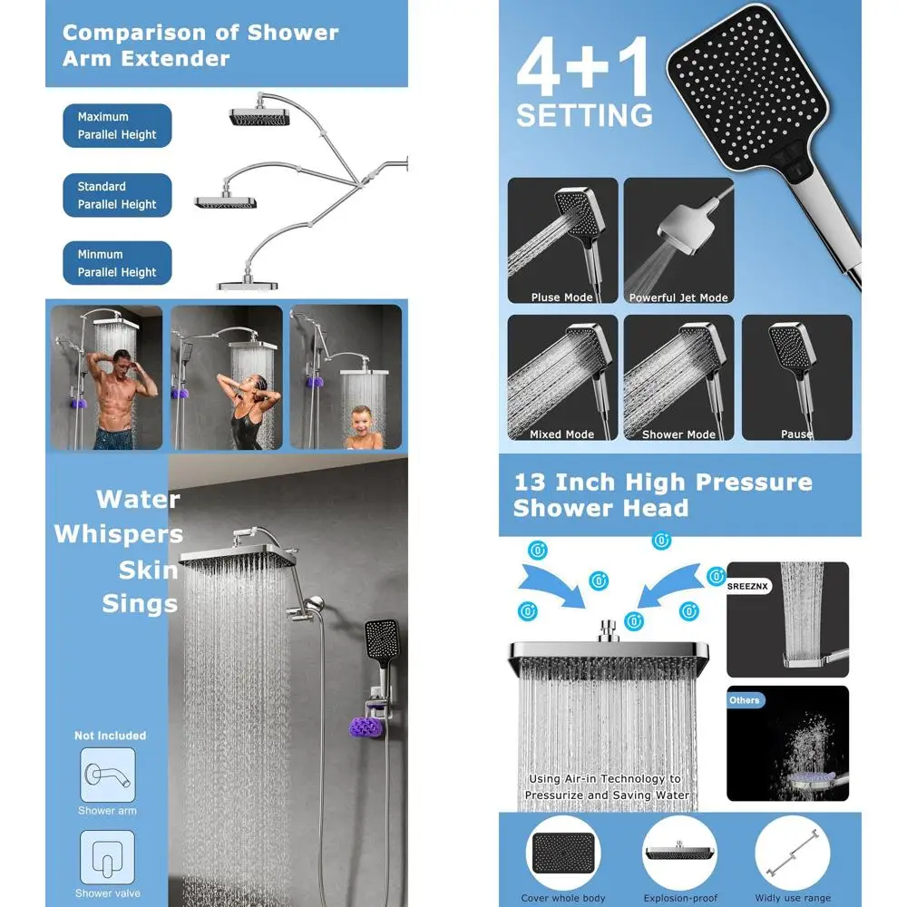 

19-Inch Chrome Shower Arm with 13-Inch Rain Shower Head and High-Pressure Handheld Combo