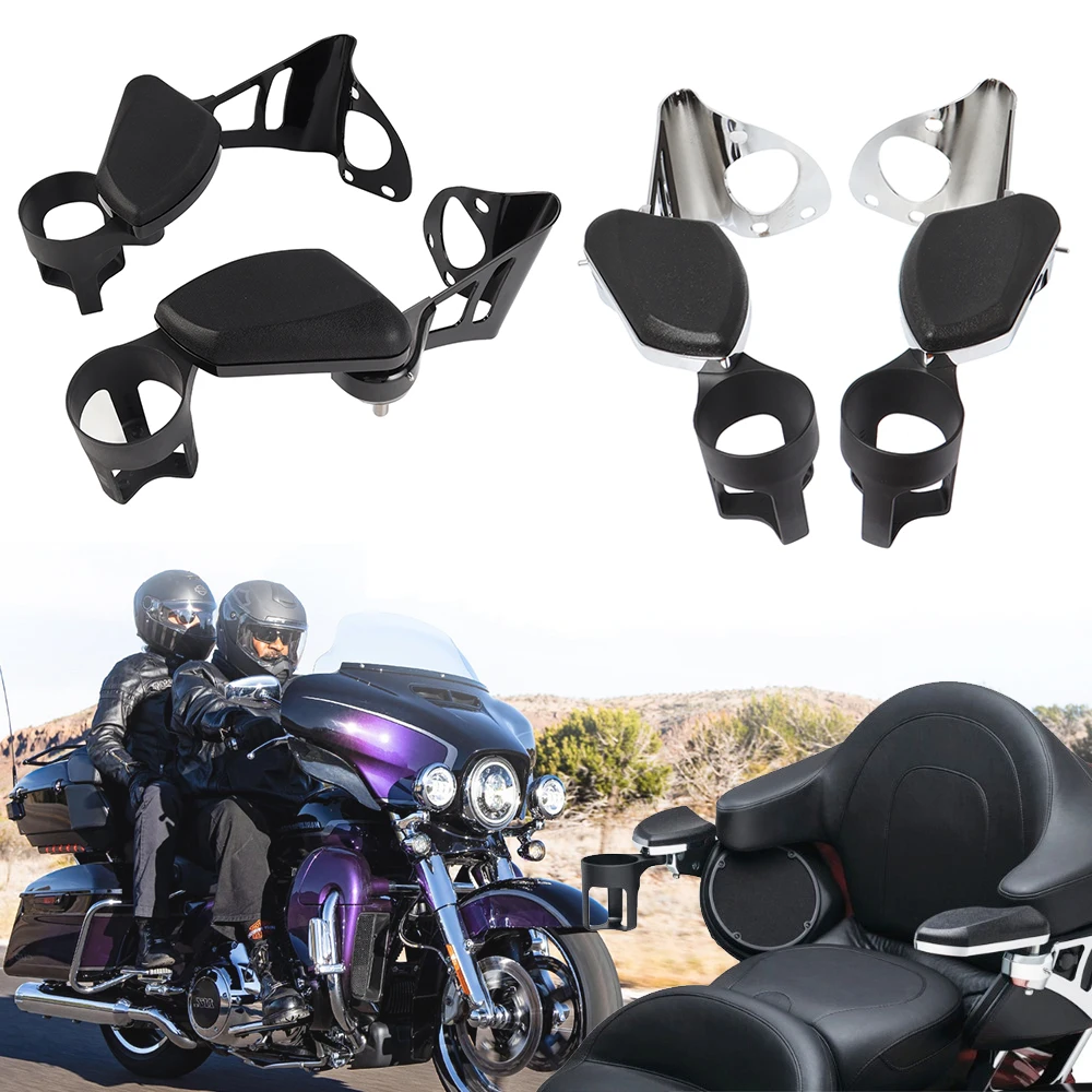 2PCS Motorcycle Rear Passenger Armrests With Drink Cup Holder For Harley Touring Electra Street Glide Ultra Tri Glides 2014-2022