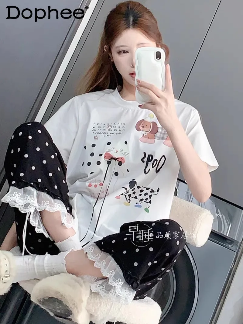 

Женская пижама INS в японском стиле из чистого хлопка с короткими рукавами и круглым вырезом в горошек, мягкий повседневный свободный комплект домашней одежды