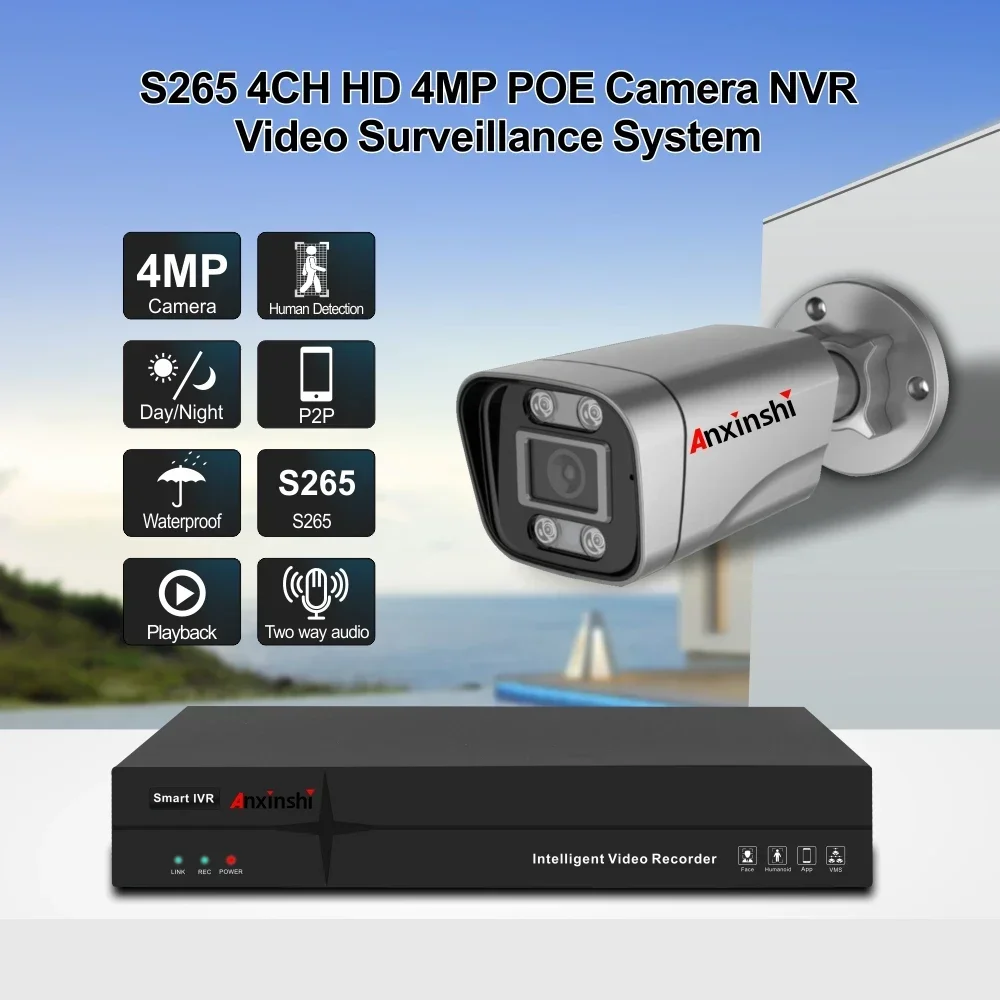 4 Channel Camera Home camera security  system with Built in Mic POE CCTV security cameras kits remote viewed Monitoring System