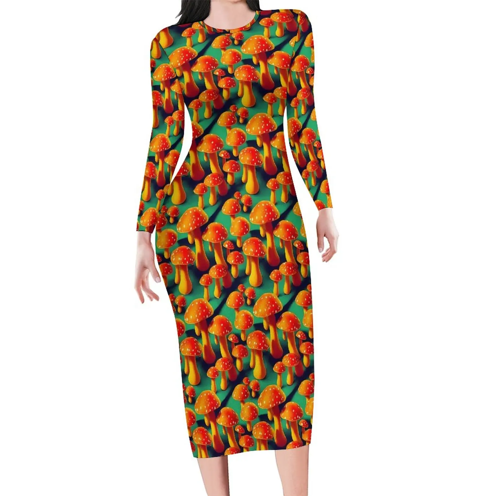 Magic Mushroom Dress Women Trippy Orange Mushrooms Street Style Bodycon Dress Spring Long Sleeve Sexy Dresses Big Size Clothes