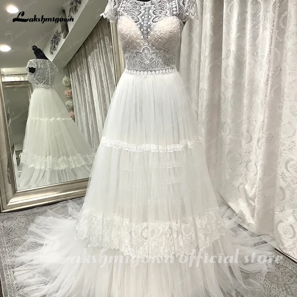 Lakshmigown Kurzarm Spitze Boho EINE Linie Hochzeit Kleid Sccop Neck 2023 Robe Mariage Boheme Brautkleider robe de soirée femme