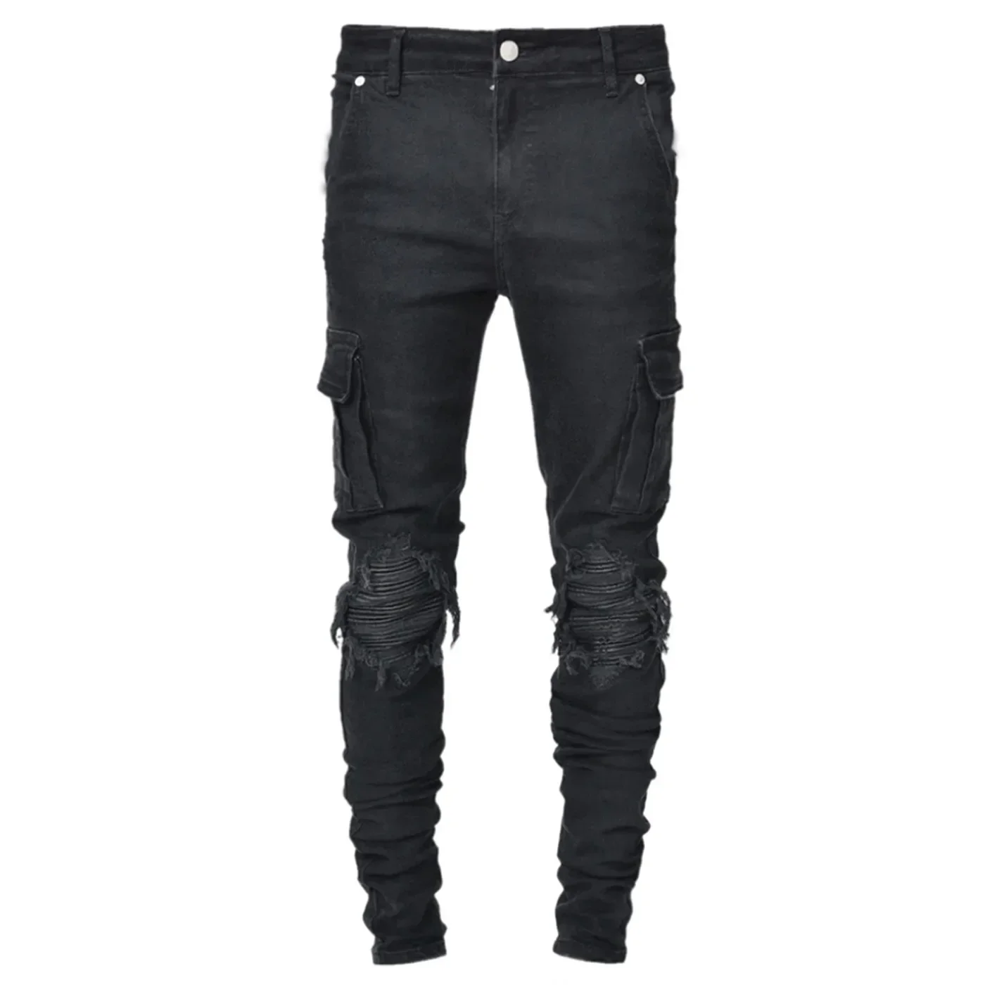 New Denim Mens Pants with Holes Trendy Black Slim Fit Denim Small Leg Jeans for Men