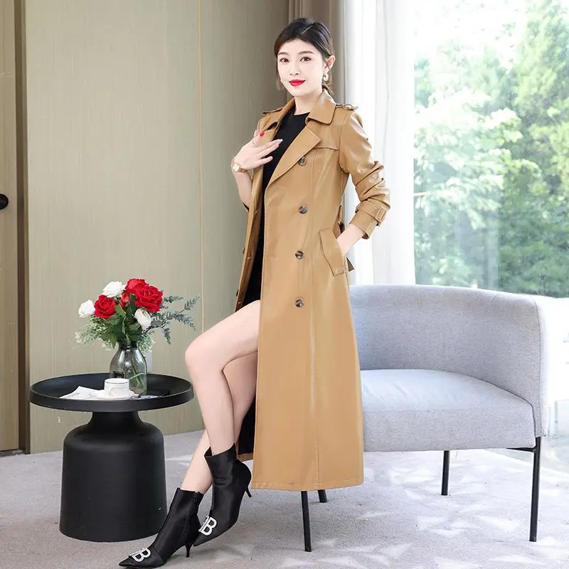 2023 Autumn Winter New Women Temperament Slim-Fit Leather Coat Female Long below the Knee Casual All-Matching Leather outwear