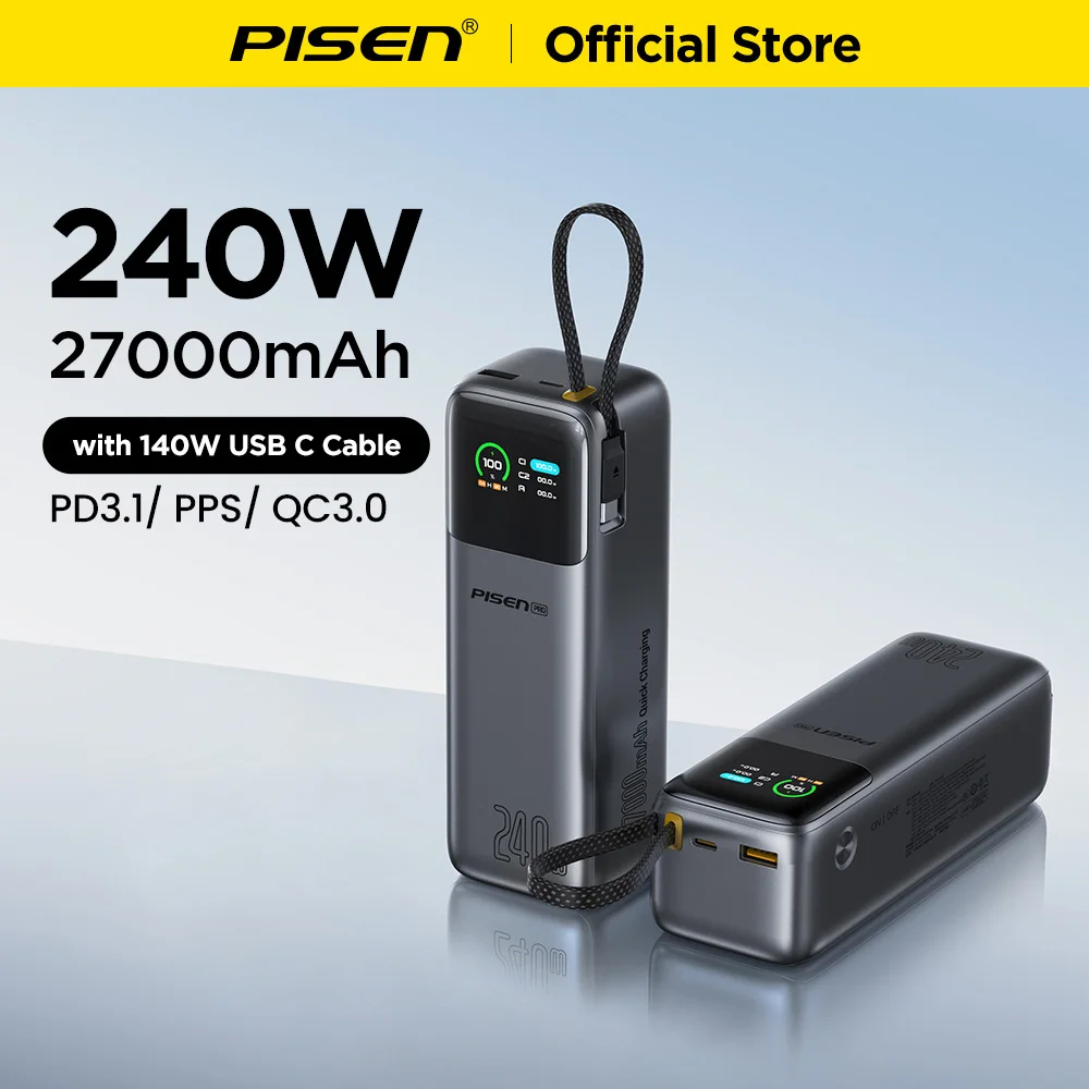 PISEN 240W 27,000mAh High Capacity Power Bank With140W Fast Charging Cable Portable External Battery PD3.1 Powerbank for Laptop Notebook MacBook, Dell iPhone