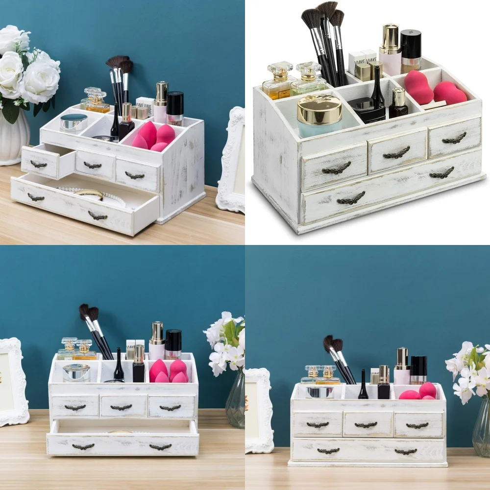 

makeup organizersRustic White Wash Solid Wood Jewelry Organizer with Drawers for Cosmetics Storage and Home Decor Multi
