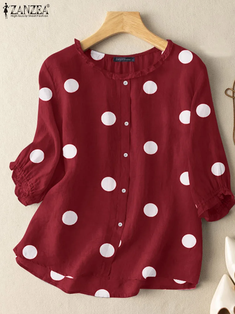 Women Vintage 3/4 Sleeve Polka Dot Printed Blouse ZANZEA 2023 Autumn Shirt Casual Ruffles Party Holiday Blusas Female Tunic Tops