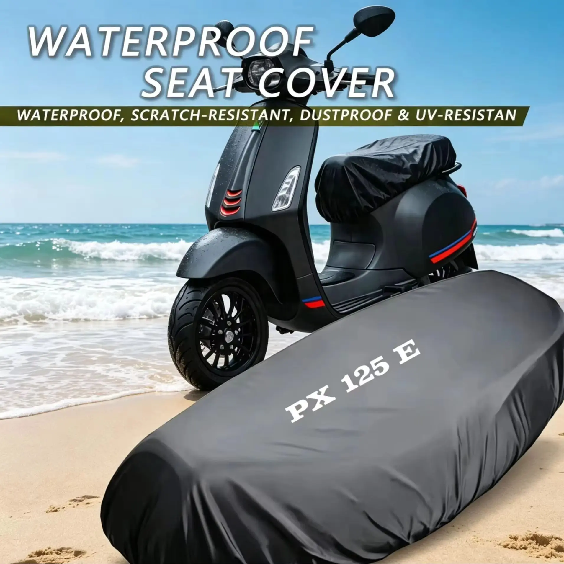 

Waterproof Universal Saddle Cover for Vespa PX 125/150/200 E – Flexible Black Seat Cover with Sun Protection, Vintage Scooter