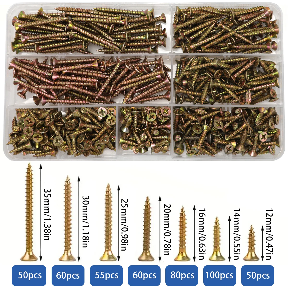 M3.5 M4 Color Zinc Wood Screw Set, Phillips Head Flathead Self-Tapping Screws, Countersunk Metal Screws and Drywall Screws