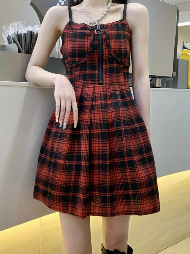 Streetwear Harajuku Black Babes Dresses Vintage Square Collar Zipper Sleeveless High Waist Sweety Plaid Camisole Mini Dress