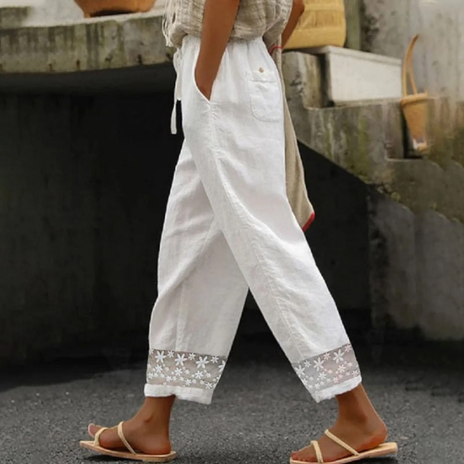 Cotton Linen Women Trousers Fashion Elastic Waist Clothes With Pocket Loose Harem Pants Printed Crop Casual Pants Petite