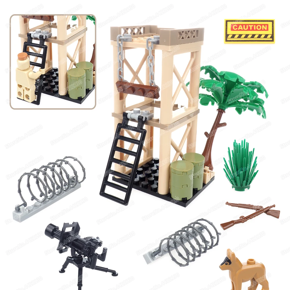 Earthy Yellow Military Ww2 Outpost Observation Tower Building Block Figures Weapons Guard Scenes Match Model Child Gift Boy Toys