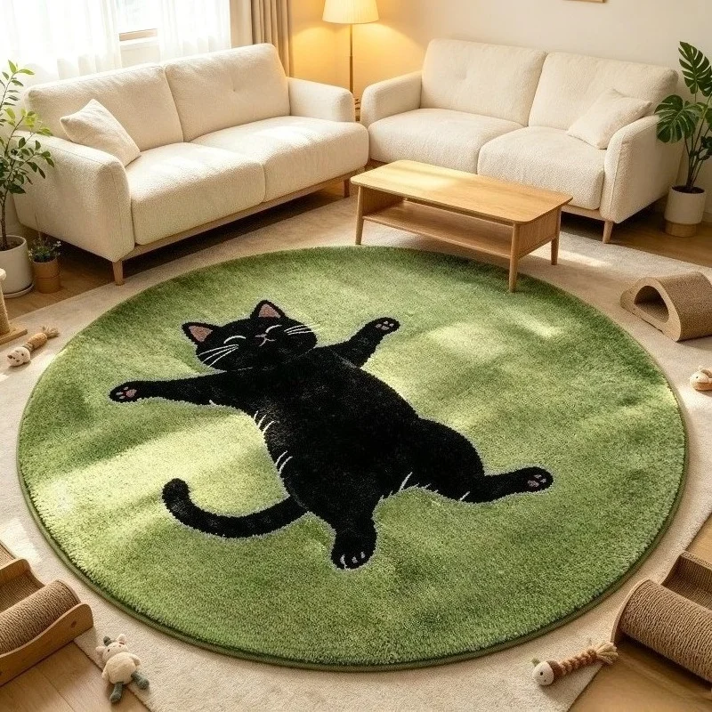 Lazy Black Cat Round Floor Rug, Green Plush Printed Carpet, Cute Animal Mat for Bedroom Living Room Home Decoration