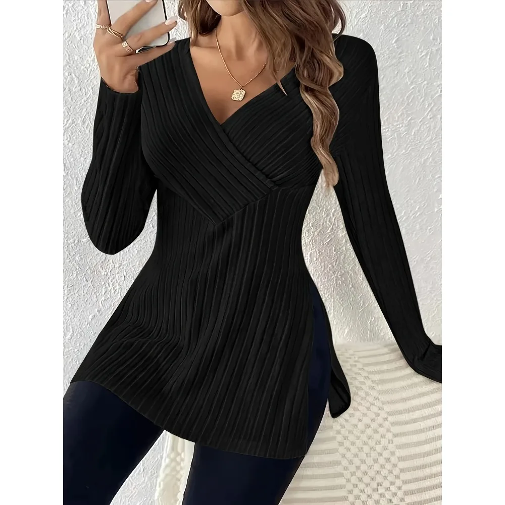 حجم كبير 1XL-5XL جديد المرأة الخريف/الشتاء جديد بلون محبوك القمم السيدات الأوروبية والأمريكية مضلع غير النظامية الشق