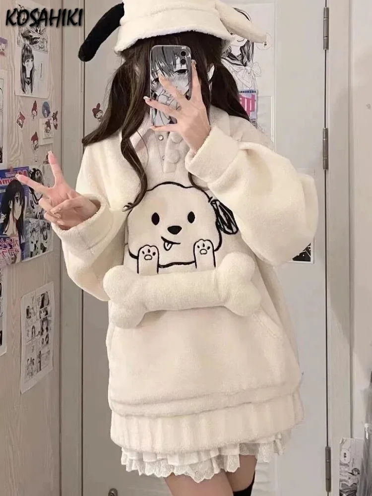 2024 Cartoon Dog Loose Casual Lamb Wool Hoodies Bone Patchwork Y2k Aesthetic All Match Grunge Sweatshirts Women Tops Moletom