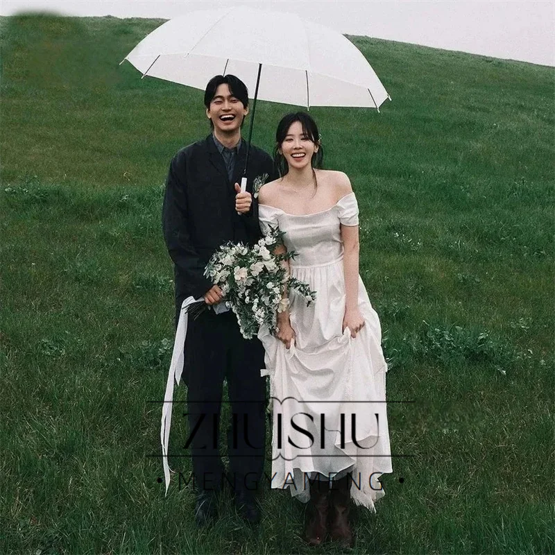 シンプルなオフショルダー A ラインのウェディングドレス韓国写真撮影袖ソフトサテンカントリーブライダルドレスコルセットバックカスタマイズ