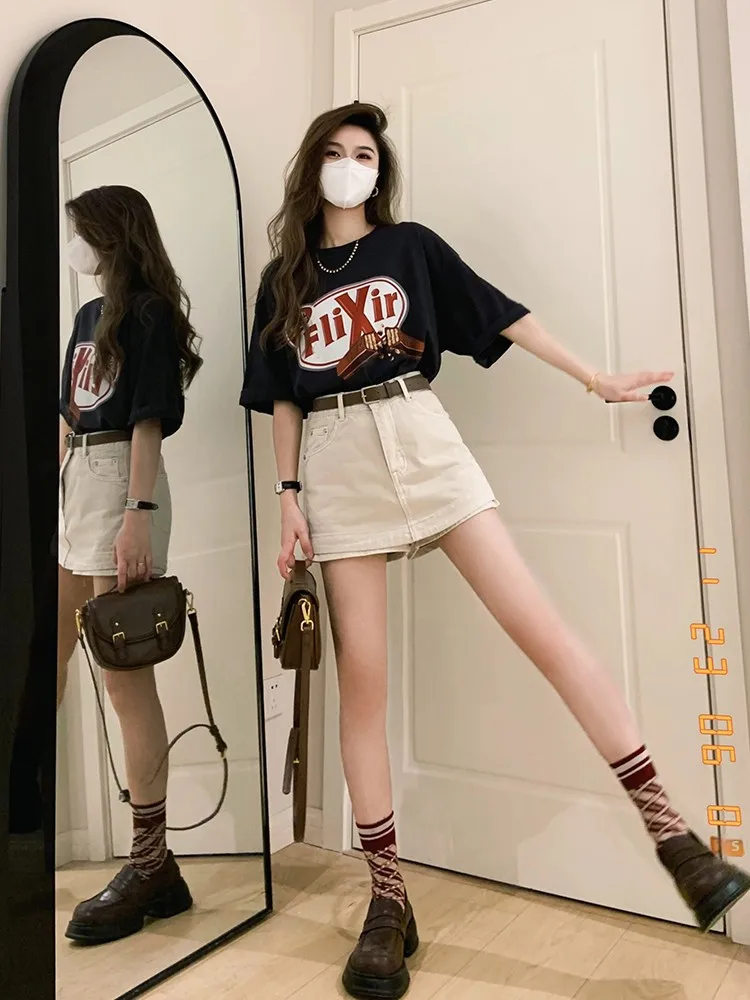 american-retro-fun-letter-print-short-sleeve-t-shirt-women's-summer-new-slim-high-waist-age-reduction-half-skirt-chic